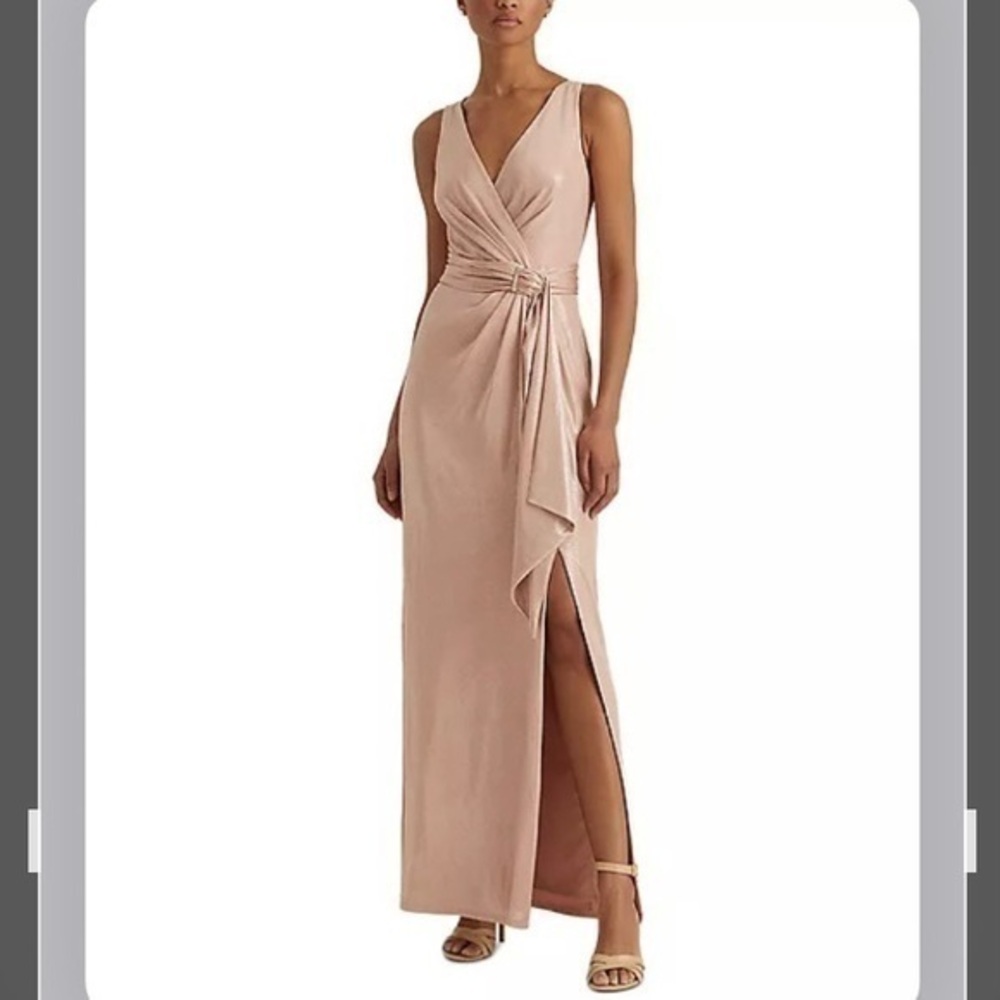 Lauren Ralph Lauren Foiled Jersey Sleeveless Gown in Rose Gold Size 18